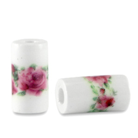 10 x Kralen keramiek tubes White-berry pink