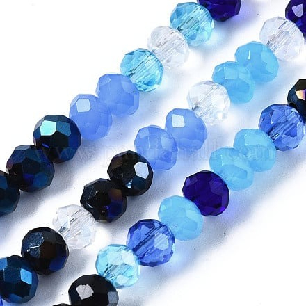 1 x Streng Glaskralen Facet Rondelle Briolette 4,5x3,5  mm – Dodger Blue  AB Plated – ca. 140-143 stuks – gat 1 mm