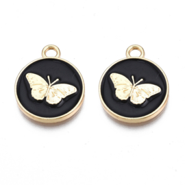 2 x Bedel emaille zwart rond vlinder, licht goud kleur 18 x 15 x 2 oogje 2mm (Nikkelvrij)