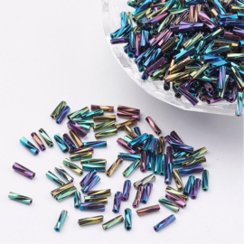 10 gram Glaskralen Rocailles Special Buggles Twisted 12x2mm, gat: 0,5mm Metalic Rainbow