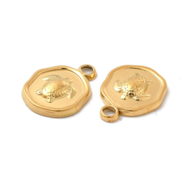 1 x Ion Plating (IP) RVS 304 schildpad bedel Real 18k Gold Plated, 16,5 x 13 x 2,5 mm oogje 2mm