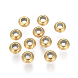 RVS 304 smart bead stopper  Gold ca. 10 x 4~5mm gat 5mm (rubber gat Ø3mm)