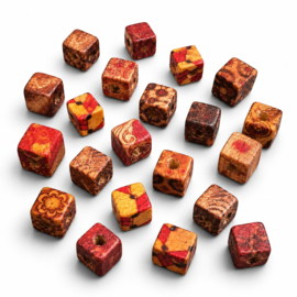 25 x Afrikaanse houten kralen kubus 10 x 10 mm – gat ca. 3 mm – bewerkt met print – mixkleuren