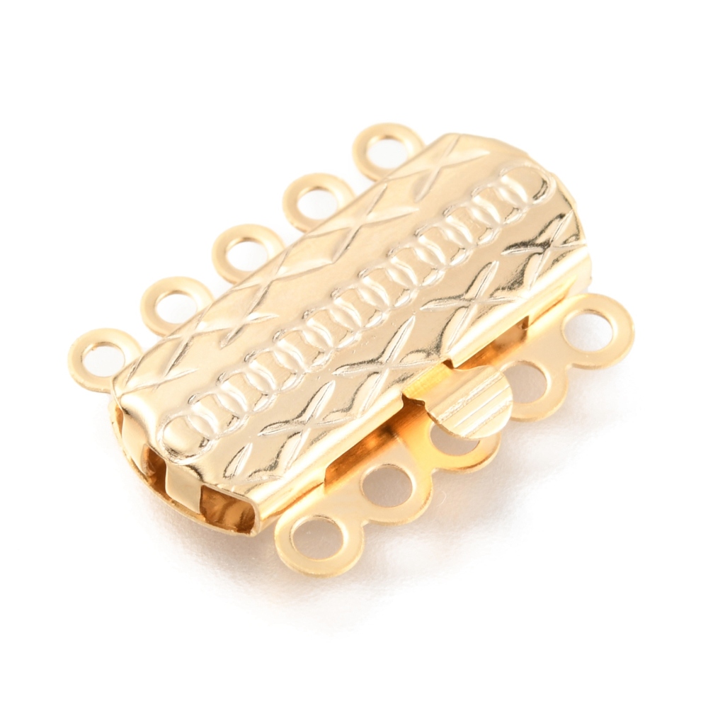 1 x Tarnish Resistant 304 RVS boxsluiting – 5-strengs – 10 gaatjes – rechthoek met patroon – goud kleur – 19,5 x 14 x 3 mm – gat ca. 1,4 mm