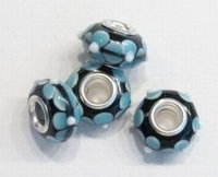 Per stuk Glaskraal met metaal European-style Zwart met Aqua bloem 13 mm