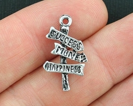 4 x tibetaans zilveren bedeltje wegwijzertje road sign to happiness, succes, money, happiness 25 x 14 x 4mm gat 2mm