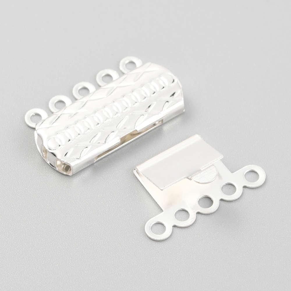 1 x Tarnish Resistant 304 RVS boxsluiting – 5-strengs – 10 gaatjes – rechthoek met patroon – zilver kleur – 19,5 x 14 x 3 mm – gat ca. 1,4 mm