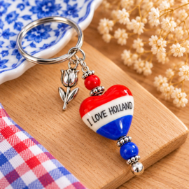 1 x Grote keramiek kraal hart model 34,5 x 35 x 15 mm – gat 2 mm – rood wit blauw – I Love Holland