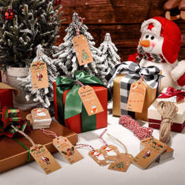 100 x  Stevige bruine kartonnen labels kerst - Afm. 5x3cm - Sneeuwpop