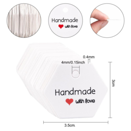 50 x stevige witte kartonnen labels handmade with love 30 x 35 x 0,4  gat 4mm ♥ Tijdelijk niet op voorraad leverancier