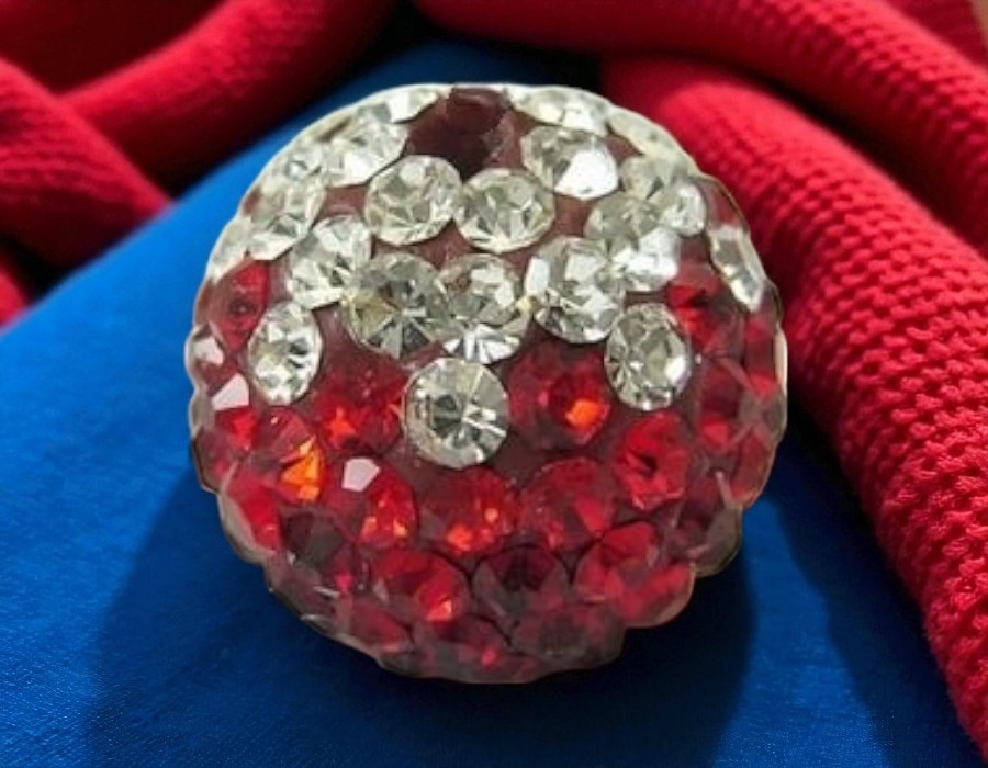 2 x Shamballa kralen – polymer clay met strass – rood/zilver – 10 mm – gat ca. 2 mm