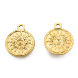 1 x Ion Plating (IP) RVS 201 zon sterren maan bedel Real 18k Gold Plated, 19 x 15,5 x 2,5mm, oogje 2mm