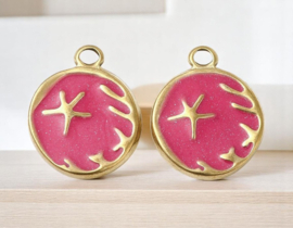 1 x RVS 201 PVD vacuum plating ronde bedel met zeester,  Camellia kleur 18K Gold plated 19 x 15 x 2mm oogje 2,6mm