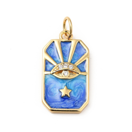 1 x Bedel emaille rechtoek blauw oog ster 18K gold plated Afm: 19 x 10,5 x 2,5  Ø3,6mm (Nikkelvrij)