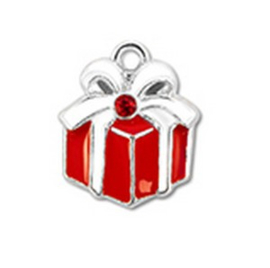 1 x Bedels metaal zirkonia cadeautje Zilver-rood-wit ca. 17x15mm (Ø2mm) (Nikkelvrij)