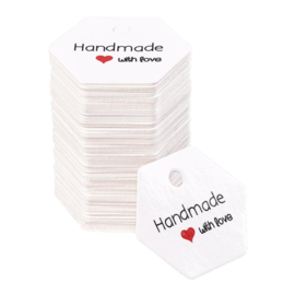 50 stuks stevige witte labels prijskaartjes  (zonder touwtje) handmade with love 30 x 35 x 0,4  gat 4mm ♥