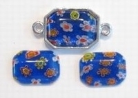 4 x  plaksteen glas Italian style rechthoek Blauw Millefiori 14 ,5 x 10,5 x 3mm