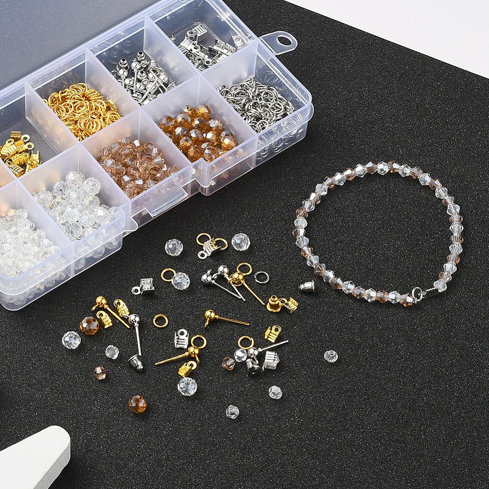 DIY sieraden maken set – bicone glaskralen, metalen onderdelen en elastisch draad – gemixte kleuren – inclusief opbergdoosje