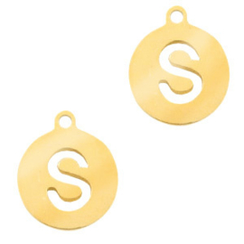 Roestvrij stalen (RVS) Stainless steel bedel rond 10mm initial coin S Goudkleur