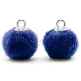 2 x Pompom bedels met oog faux fur 12mm Denim blue-silver