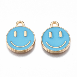 2 x Bedel Enamel light gold Smiley 14,5 x 12mm oogje: 1,5mm deep sky blue