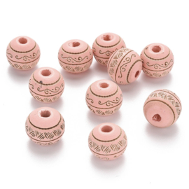 5 x Bohemian houten kralen rond 10mm patroon Pink Maat: ca. 9x10mm (Ø2.5mm)