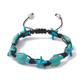 Armbandje met schuifknoop en synthetische turquoise schildpadjes en zeesterren blauw