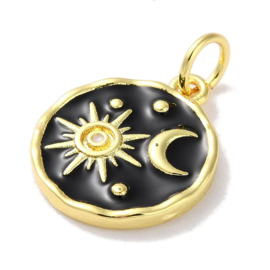 Bedel zwarte emaille met zon en maan, 18K Gold plated 15 x 13 x 2mm oogje 3,4mm