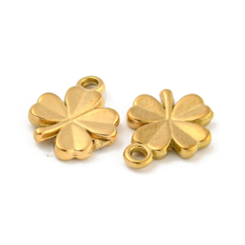 1 x Ion Plating (IP) RVS 304 klavertje 4 bedel Real 18k Gold Plated, 9 x 9,5 x 1,5mm oogje 1,2mm