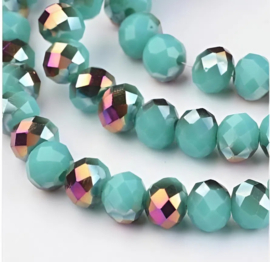 1 x Streng met ca. 100 Glaskralen Electroplate facet rondelle  Half plated- Cyan– 6x 4mm – gat 1 mm