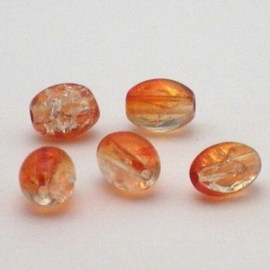 30 stuks crackle glas kralen ovaal 11 x 8,5mm oranje transparant