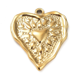 1 x Ion Plating (IP) RVS 304 bedel van een hart Real 18k Gold Plated, 25,5 x 21 x 3mm, oogje 1,6mm