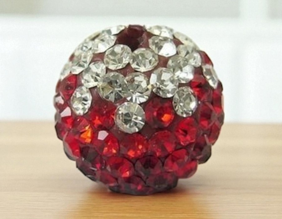 2 x Shamballa kralen – polymer clay met strass – rood/zilver – 10 mm – gat ca. 2 mm