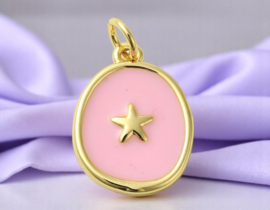 Bedel roze emaille met ster, 18K Gold plated 17 x 13 x 2,5mm oogje 3,5mm