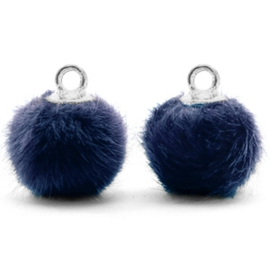 2 x Pompom bedels met oog faux fur 12mm Dark blue-silver