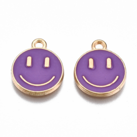 2 x Bedel Enamel light gold Smiley 14,5 x 12mm oogje: 1,5mm dark orchid