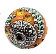 Handgemaakte Bohemian kraal, oranje polymeer Kashmiri kraal met topaas kristallen en zilverkleurige versiering, 15 mm, gat 2 mm.