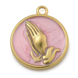 1 x  RVS 304 Bedel Enamel biddende handen Roze en goudkleur 18,5 x 16 x 2,5mm gat: 1,6mm