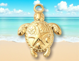 1 x Ion Plating (IP) RVS 201 Schildpad Bedeltje Real 18K Gold Plated, 23,5 x 18x 3mm, Oogje: 3mm
