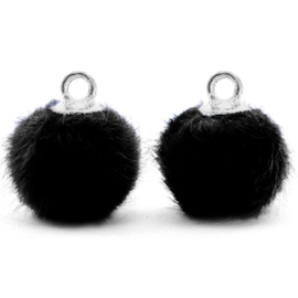 2 x Pompom bedels met oog faux fur 12mm Black-silver