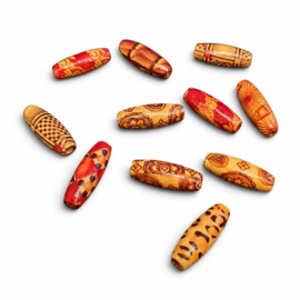 20 x Afrikaanse houten kralen ovaal 23 x 8 mm – gat ca. 3 mm – met print – mixkleuren