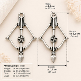 2 x Metalen bedels kruisboog / handboog 36 x 25 x 3,8 mm – oogje 2 mm – antiek zilverkleur