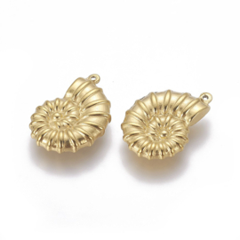 1 x  RVS 304 Schelp Bedeltje Real 18K Gold Plated, 21 x 15 x 4~4,1mm, Oogje: 1mm