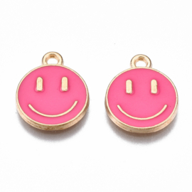 2 x Bedel Enamel light gold Smiley 14,5 x 12mm oogje: 1,5mm hot pink