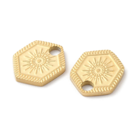 1 x  Ion Plating (IP) chirurgisch staal RVS 316L bedel Hexagon met zon Real 18k Gold Plated, 7 x 8,2 x 1mm oogje 1,5mm