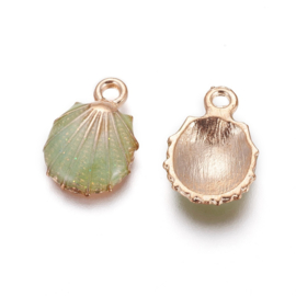 2 x Metalen bedels shell light gold green ca. 19 x13 x 4mm oogje 1,4mm  (Nikkelvrij)