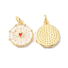 1 x Bedel rond hart maan sterren wit, 18K goldplated afm. 15 x 12,5 x 2mm oogje 3mm