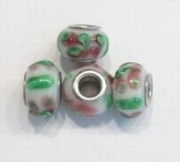 Per stuk Glaskraal European-style wit met roze/groen motief 13 mm