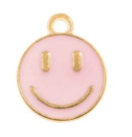 2 x Bedel Enamel light gold Smiley 14,5 x 12mm oogje: 1,5mm pearl pink