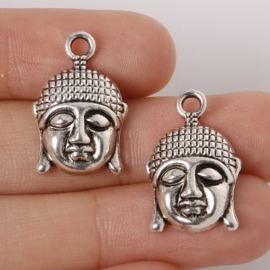 2 x Tibetaans zilveren bedel Boeddha hoofdje 22 x 14,5 x 5mm oogje: 2,5mm